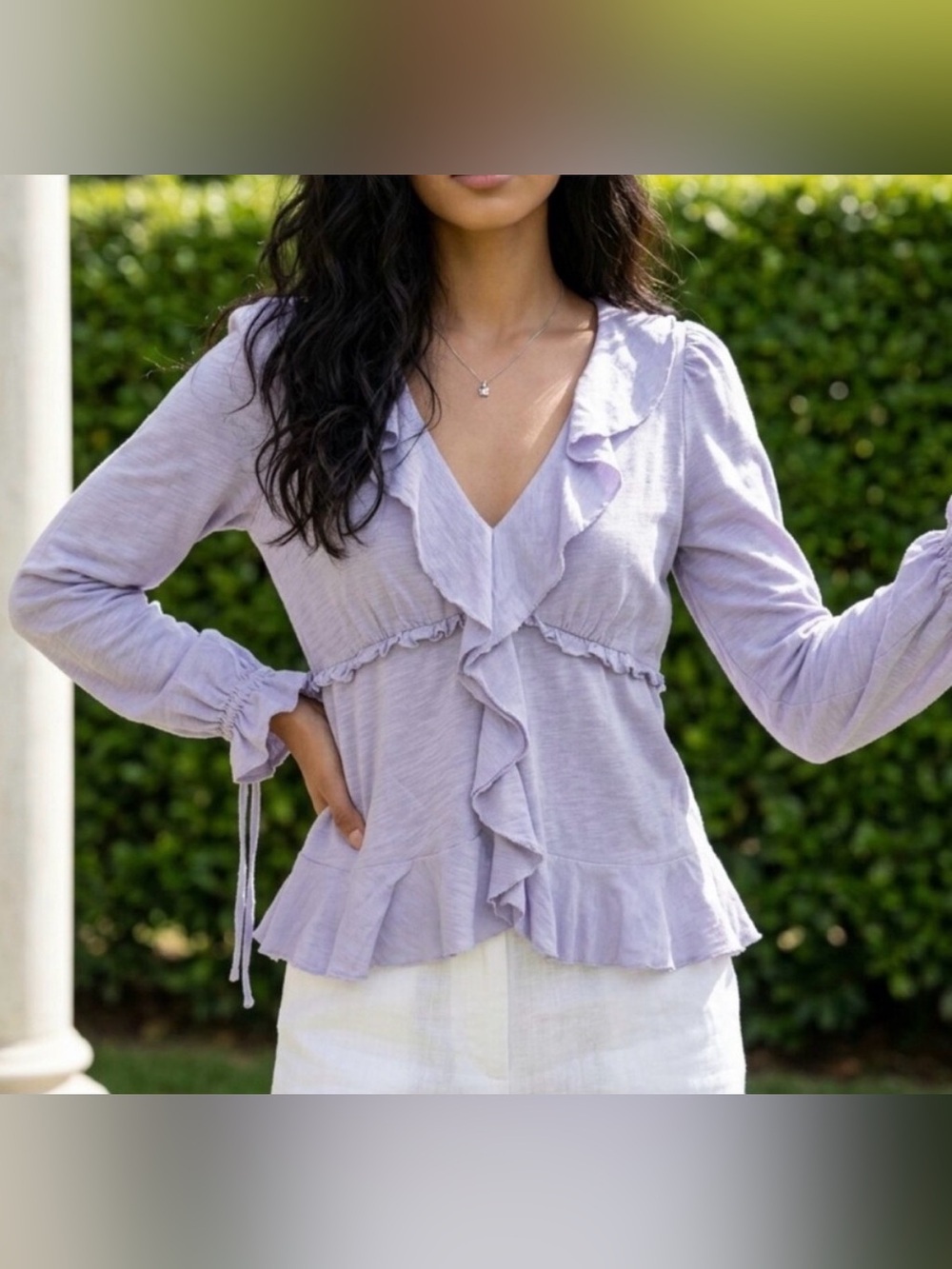 By Anthropology lavender ruffle neck top, small
